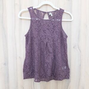 Mudd Womens Lace Sheer Tank Top Size S Purple Floral‎ Romantic Cottage Coquette